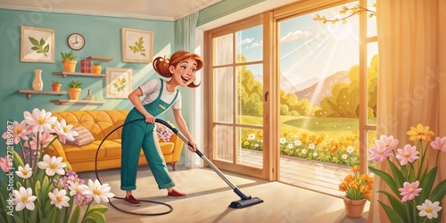 A bright and cheerful illustration of a woman doing spring cleaning, vacuuming a cozy home filled with flowers and sunlight. A perfect scene for home care, organization, and seasonal refresh.
