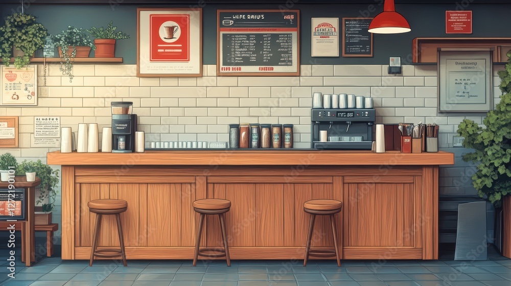 Cozy and Inviting Coffee Shop Interior Featuring a Wooden Counter with Bar Stools and a Menu Board, Surrounded by Lush Green Plants and Decor Cozy and Inviting Coffee Shop Interior Featuring a Wooden Counter with Bar Stools and a Menu Board, Surrounded by Lush Green Plants and Decor