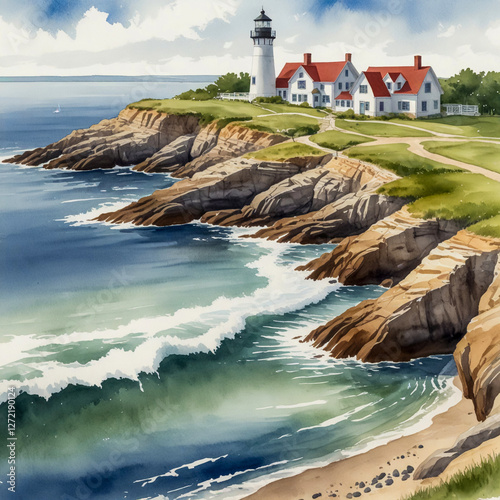 watercolor illustration of Jamestown, Rhode Island, highlighting the serene views from Beavertail State Park.  photo