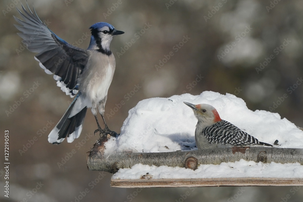 Fototapeta premium Jays and Mourning Doves and Red Bellied fighting over food