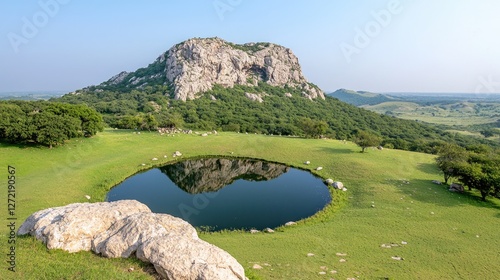 A circular pond reflects a rocky mountain peak on a green grassy hill under a clear blue sky.