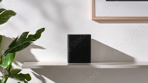 Modern Minimalist Sonos Speaker on White Shelf with Plant and Frame Shadow Play