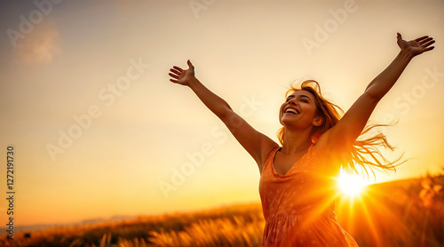 Emotions Freedom - Joyful Woman With Raised Arms Celebrates Life During Golden Sunset In Nature's Radiant Warmth.