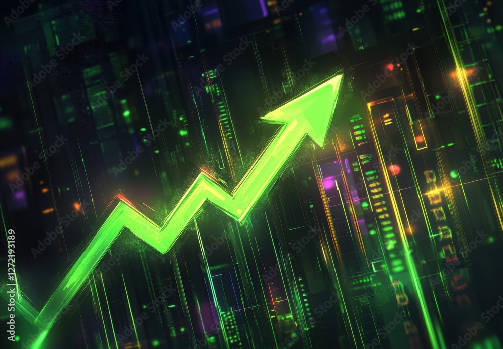 A green arrow pointing upwards on an upward graph of stock market trends, representing the concept of growth and financial success in business or investing Generative AI A green arrow pointing upwards on an upward graph of stock market trends, representing the concept of growth and financial success in business or investing Generative AI