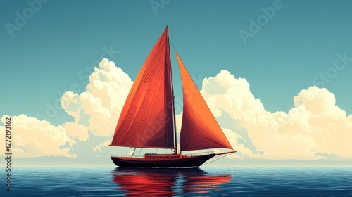 Vivid Red Sailboat with Reflective Calm Waters Under Bright Blue Sky and Billowing White Clouds Creating a Serene Maritime Scene