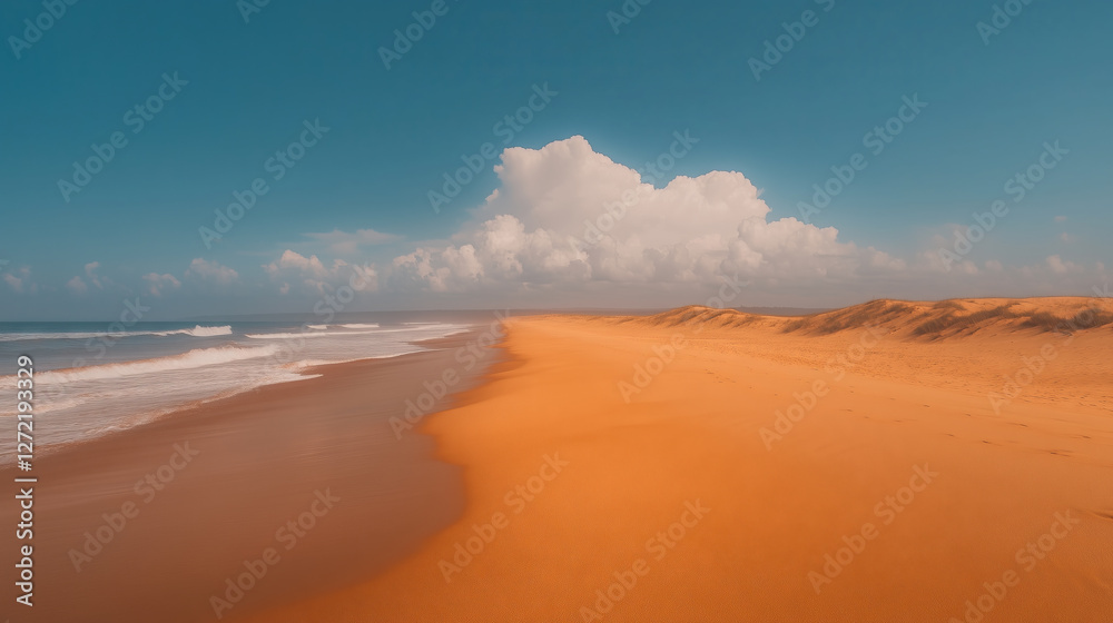 Scenic view of an empty sandy beach with rolling dunes and ocean waves under a blue sky with white clouds. Remote coastal landscape and nature travel concept. Scenic view of an empty sandy beach with rolling dunes and ocean waves under a blue sky with white clouds. Remote coastal landscape and nature travel concept.