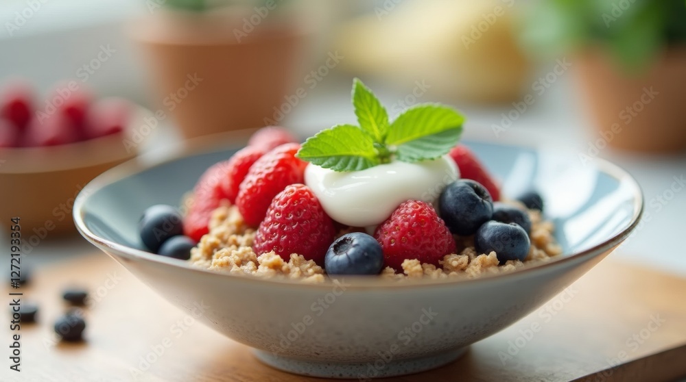 A warm bowl of oatmeal topped with a medley of fresh berries A warm bowl of oatmeal topped with a medley of fresh berries