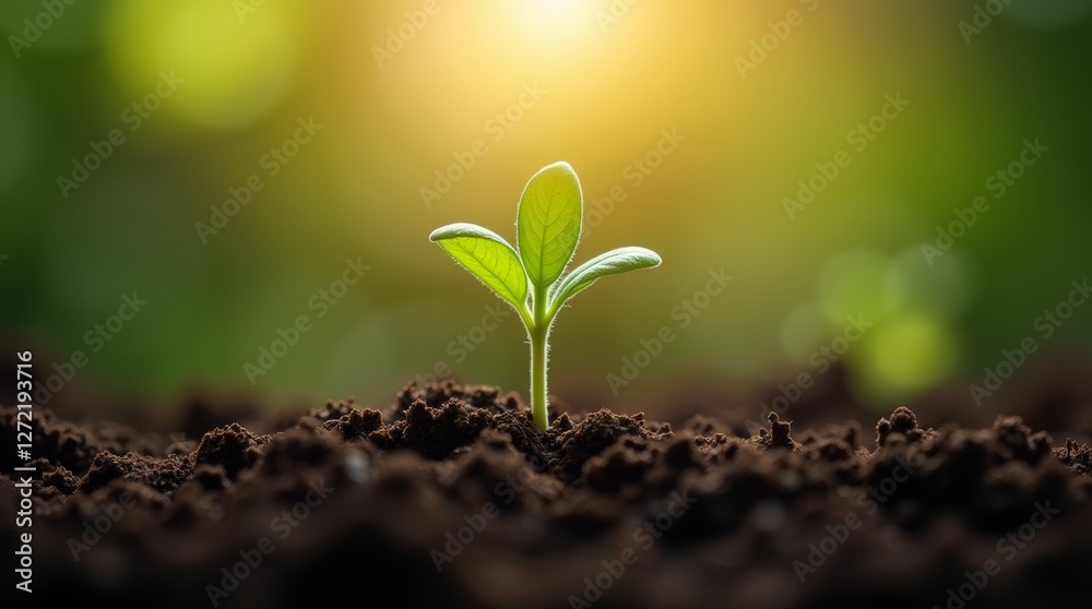 A close-up of a tiny sprouting plant emerging from rich, dark soil, with delicate leaves unfurling towards the sunlight A close-up of a tiny sprouting plant emerging from rich, dark soil, with delicate leaves unfurling towards the sunlight