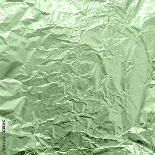 Green foil wrinkled vector texture, realistic aluminum paper sheet, crumpled metallic background glister tinfoil pattern
