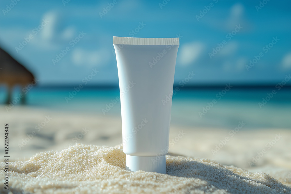Cosmetics cream tube without labels, tube stays on sand, blurred Maldives beach on background, mockup Cosmetics cream tube without labels, tube stays on sand, blurred Maldives beach on background, mockup