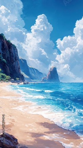 Vibrant Coastal Scene with Crashing Waves and Dramatic Rocky Cliffs Under a Bright Blue Sky with Puffy White Clouds in a Serene Seaside Setting