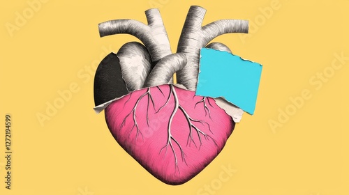 Surreal Anatomical Heart Collage on Vibrant Yellow Background