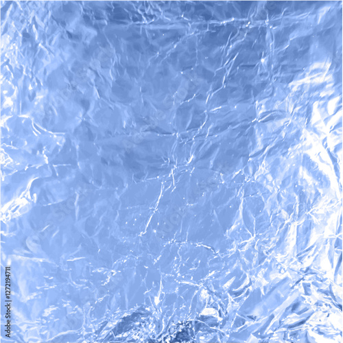 Foil wrinkled texture, vector realistic aluminum blue paper sheet, crumpled metallic surface background, glister surface