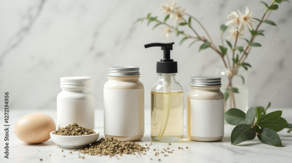 A stylish arrangement of herbal supplement bottles on a marble countertop A stylish arrangement of herbal supplement bottles on a marble countertop