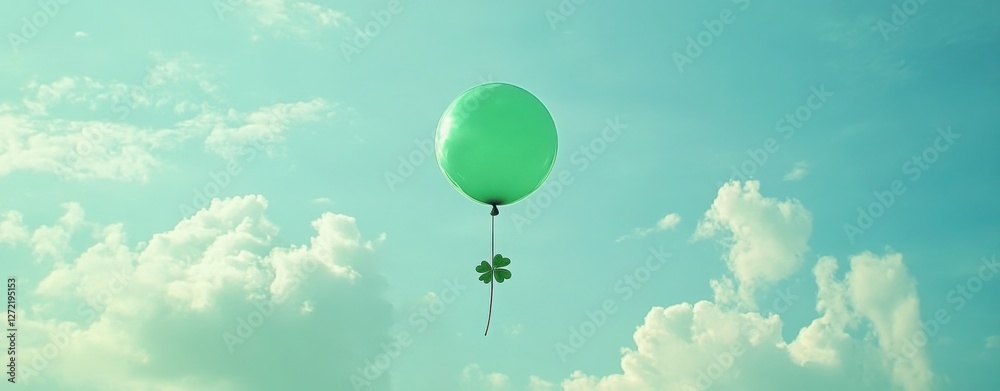 Obraz premium a green balloon floats gently against a dreamy, cloud-filled sky, with a lucky clover trailing beneath