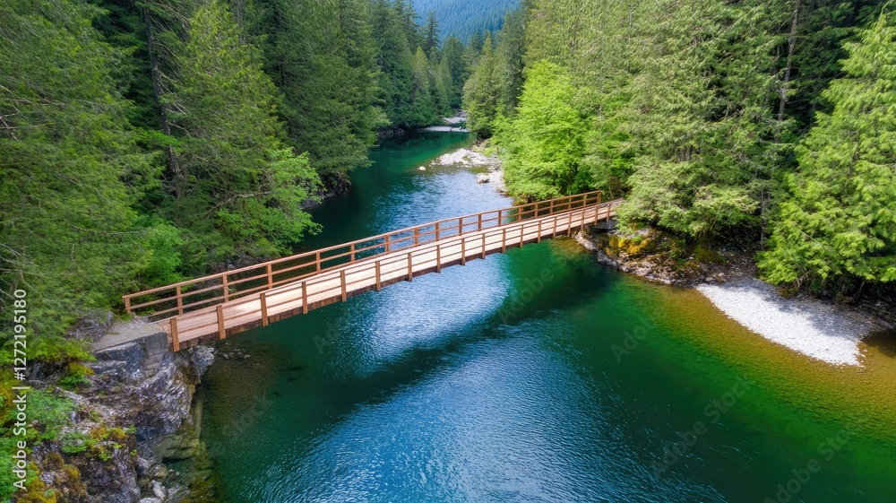 Fototapeta premium Wooden bridge over tranquil forest river surrounded by lush greenery and mountains