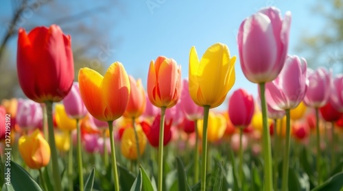 A vibrant flower bed filled with blooming tulips in various colors, set against a clear blue sky