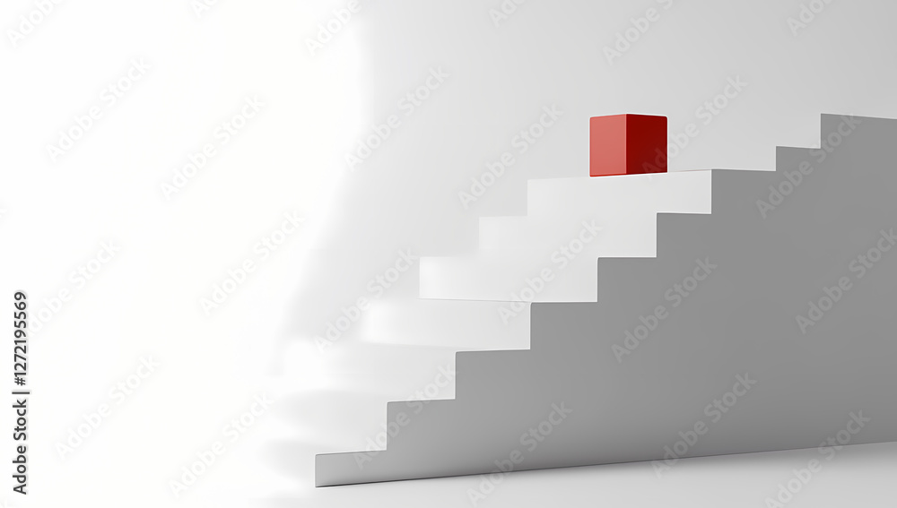 a white staircase with a single red cube on top, isolated over a light grey background a white staircase with a single red cube on top, isolated over a light grey background