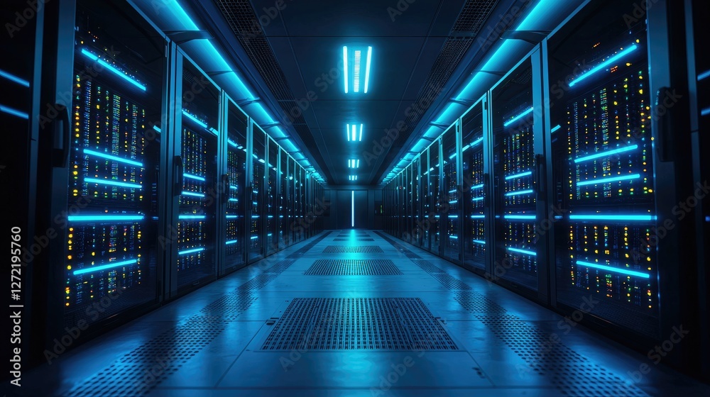 Fototapeta premium Futuristic data center with glowing blue server racks, representing cloud computing, cybersecurity, and IT infrastructure. Ideal for technology, networking, and security themes