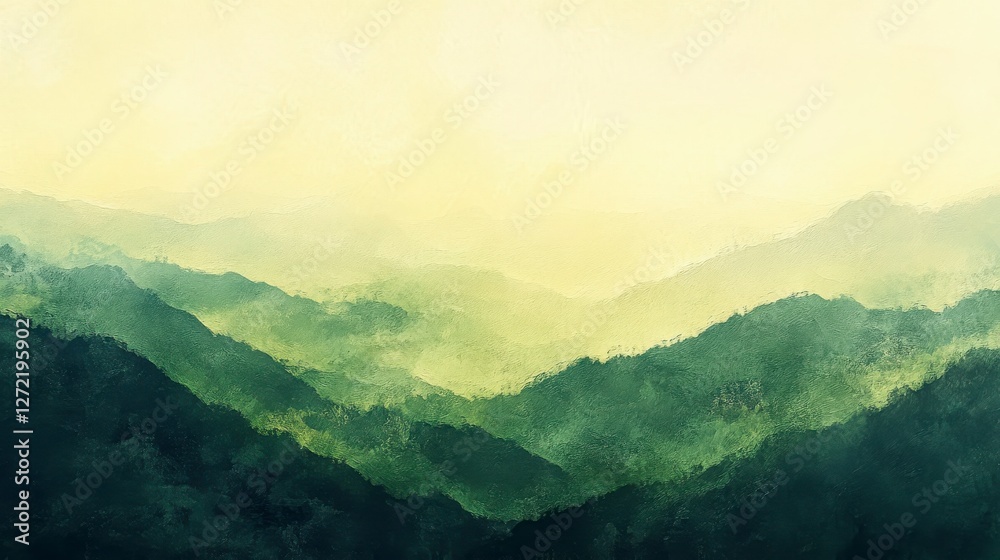 misty green mountains under a serene sky, creating a sense of tranquility and natural beauty. The rolling hills fade into the distance, enveloped in a soft haze