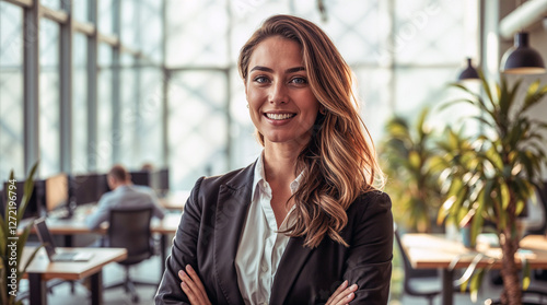 Confident businesswoman in modern co-working space, natural sunlight, stylish attire, greenery