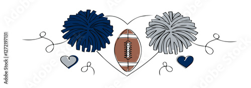 love - Navy blue and silver pom poms, continuous line - sport vector graphics, cheerleaders, football, hockey, baseball - art illustration - multicolor -