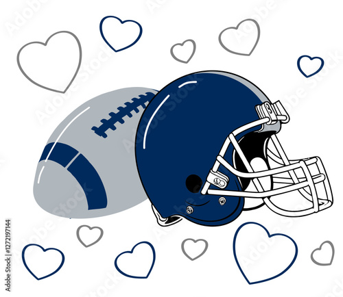  Navy blue and silver football player helmet, ball and hearts, sport vector graphics, hockey, for street art - graffiti lettering typography - art illustration - multicolor - writen	