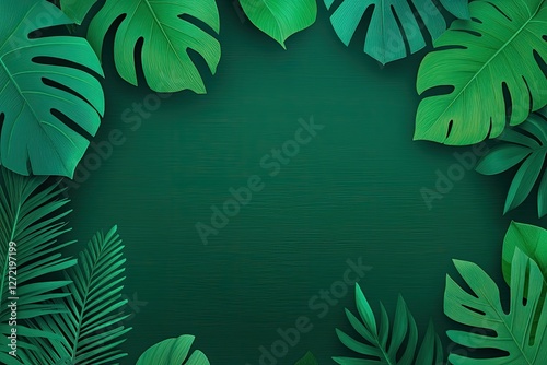 Lush green tropical leaves frame a dark green backdrop