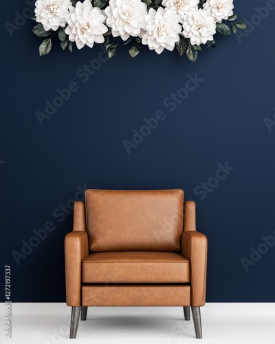 Modern Interior with Brown Armchair Against Dark Blue Wall and Floral Decor
