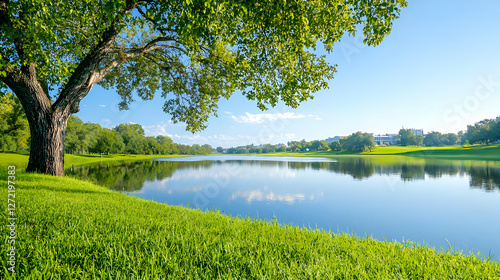 Large green tree stands on a grassy riverbank under a clear blue sky on a sunny summer day.