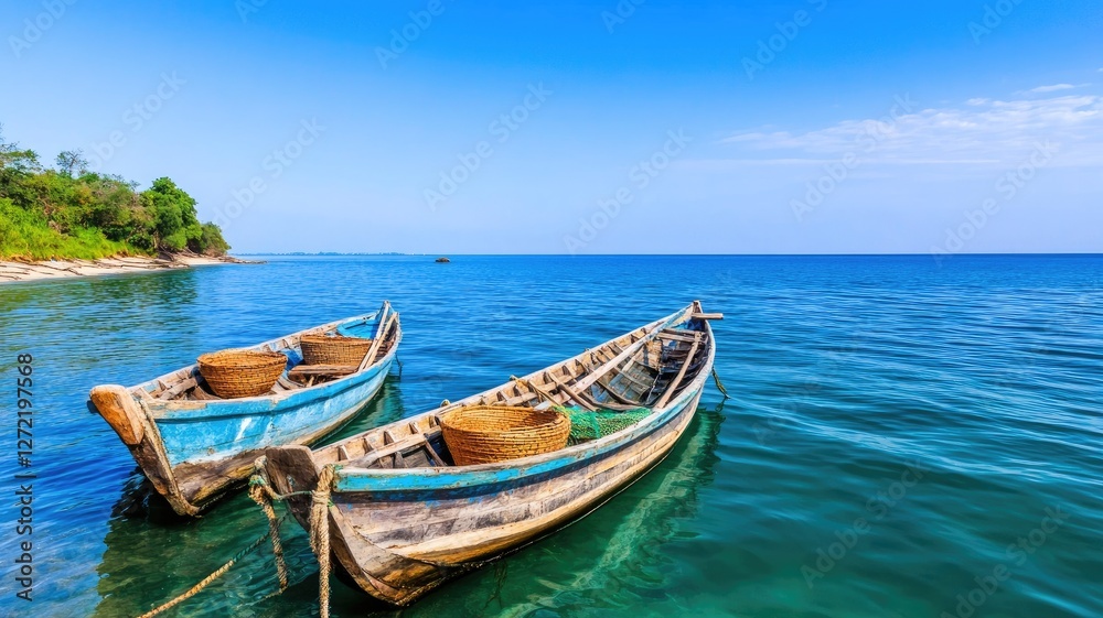 Two wooden boats with baskets on calm blue sea near lush green coastline under clear sky Two wooden boats with baskets on calm blue sea near lush green coastline under clear sky