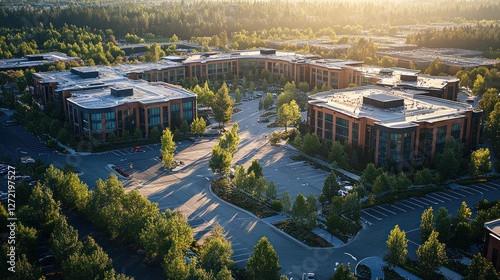 Aerial view of sunrise over office park campus