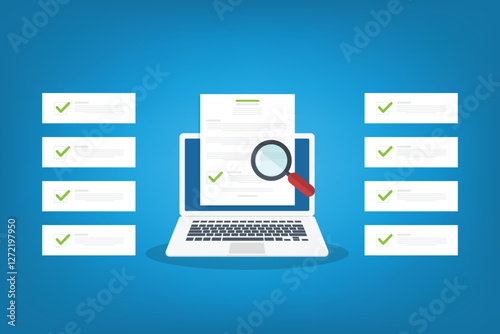 Online digital document inspection or assessment evaluation on laptop computer, contract review, analysis, inspection of agreement contract, compliance verification.