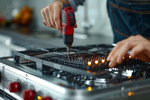 Youthful Repairman Utilizing Electric Drill to Repair Dishwasher