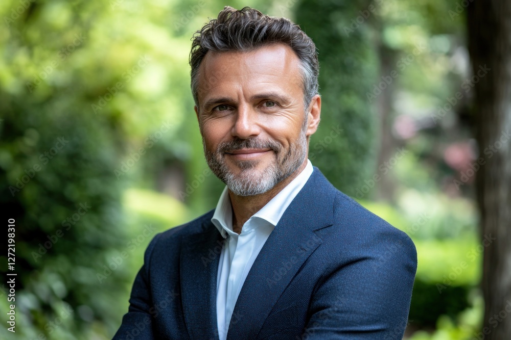 Man in suit smiling in a lush garden during daylight hours Man in suit smiling in a lush garden during daylight hours