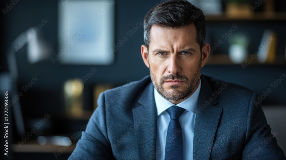 Businessman in a suit with serious expression at a modern office desk during work hours Businessman in a suit with serious expression at a modern office desk during work hours