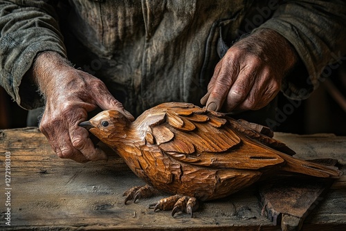 A skilled craftsman's hands meticulously carve a detailed wooden bird sculpture. photo