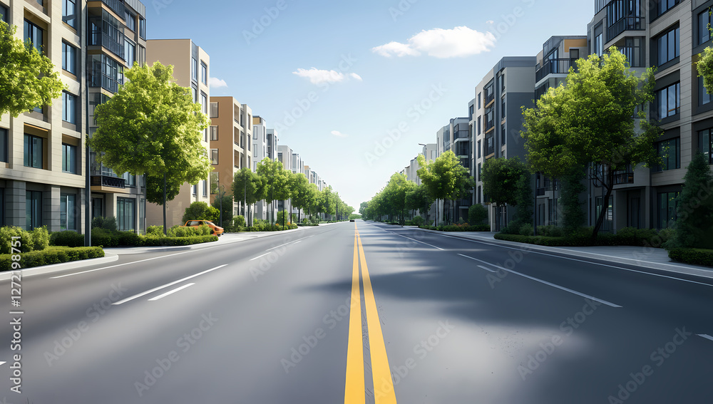 A straight road leading to modern apartment buildings with trees on both sides, a real estate exterior design A straight road leading to modern apartment buildings with trees on both sides, a real estate exterior design