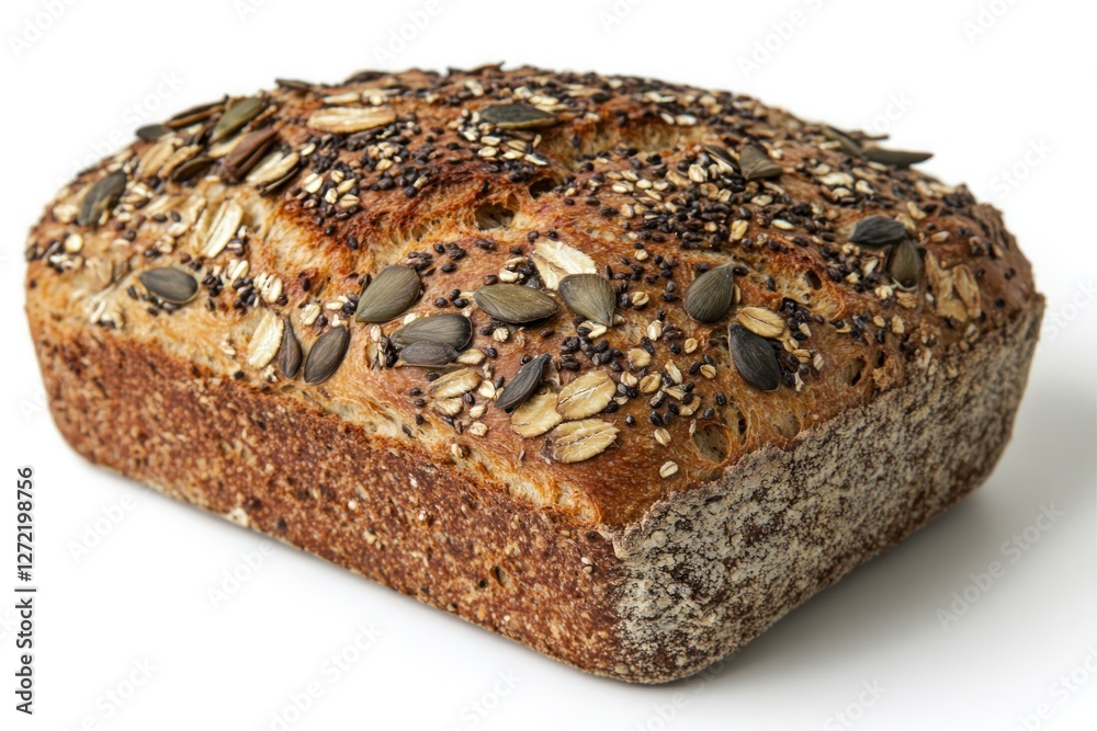 Freshly baked whole grain bread topped with seeds and oats on a white background Freshly baked whole grain bread topped with seeds and oats on a white background