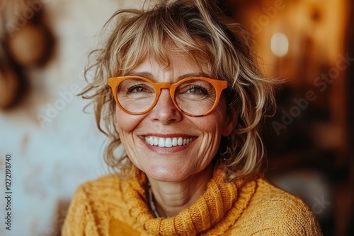 Smiling woman with stylish glasses enjoys cozy indoor atmosphere during a sunny afternoon