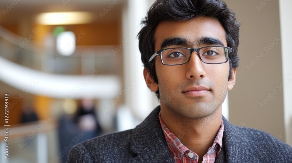 Fototapeta premium Young man with glasses poses confidently in a modern building during the day