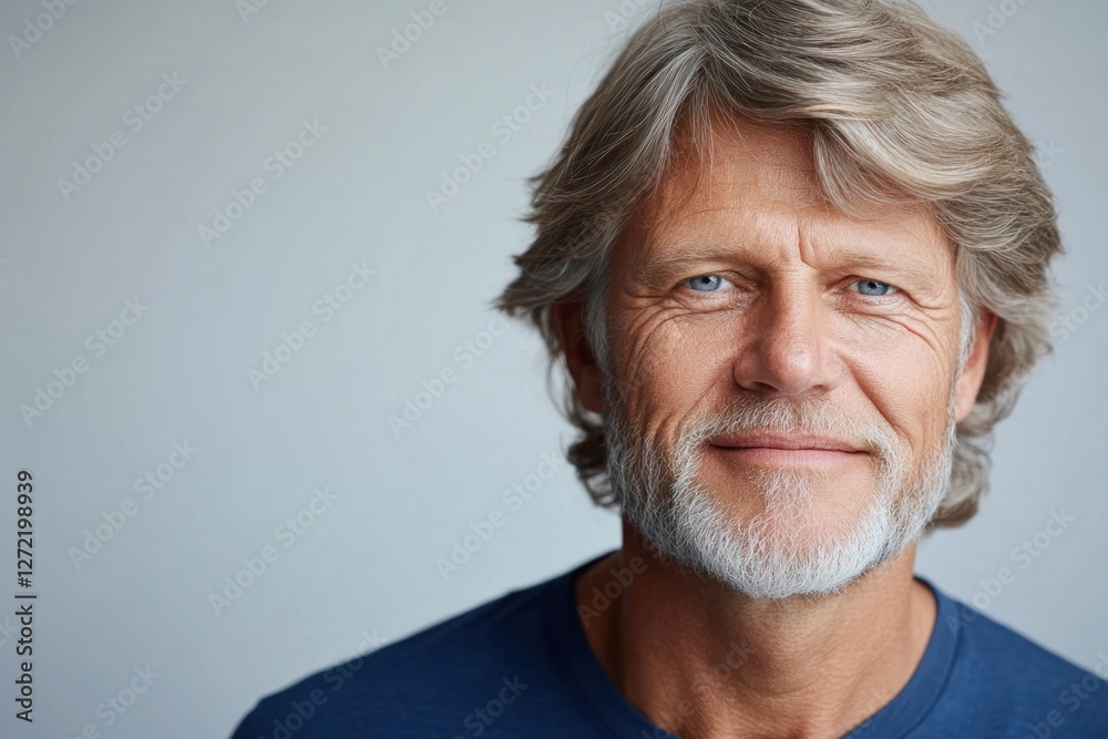 Mature man with silver hair smiling warmly, showcasing confidence and character in a neutral setting Mature man with silver hair smiling warmly, showcasing confidence and character in a neutral setting