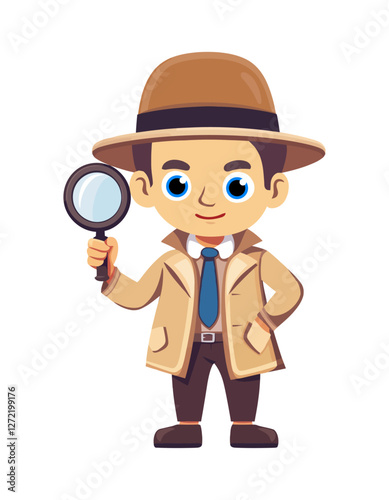 A charming child detective character wearing a beige trench coat and hat, holding a magnifying glass, depicting curiosity and fun in a cute cartoon style for kids