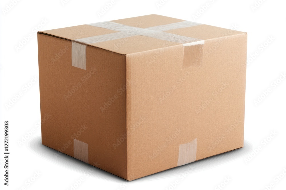 Closed cardboard box with tape on a white background, ready for shipping or storage Closed cardboard box with tape on a white background, ready for shipping or storage