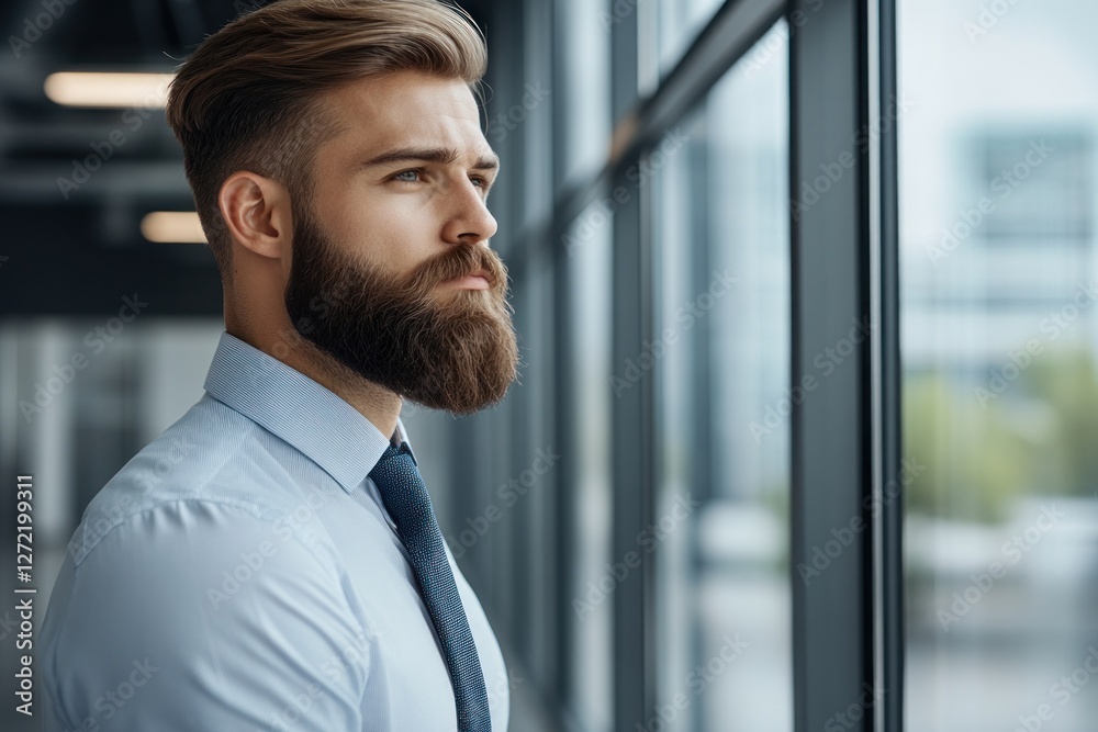 Fototapeta premium Young man with beard looking thoughtfully out of a large window in a modern office setting