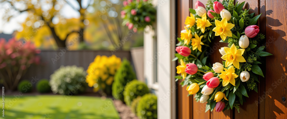 custom made wallpaper toronto digitalSpring wreath adorned with vibrant tulips and daffodils radiating a cheerful, inviting ambiance against a sunlit garden backdrop