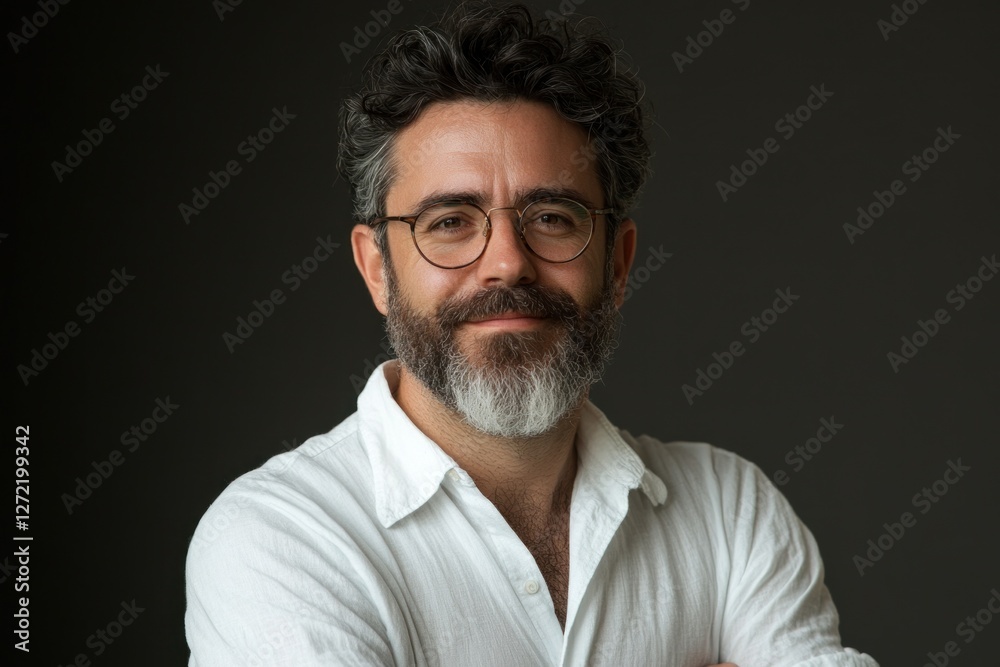 Professional man with glasses smiling confidently against a neutral background Professional man with glasses smiling confidently against a neutral background