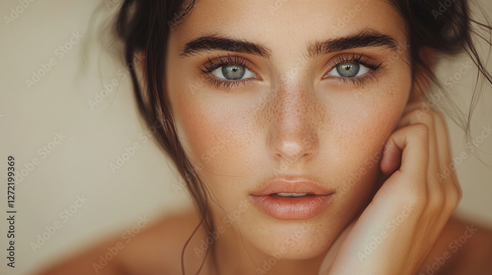 Obraz premium Close-up portrait of a young woman showcasing natural beauty and striking features