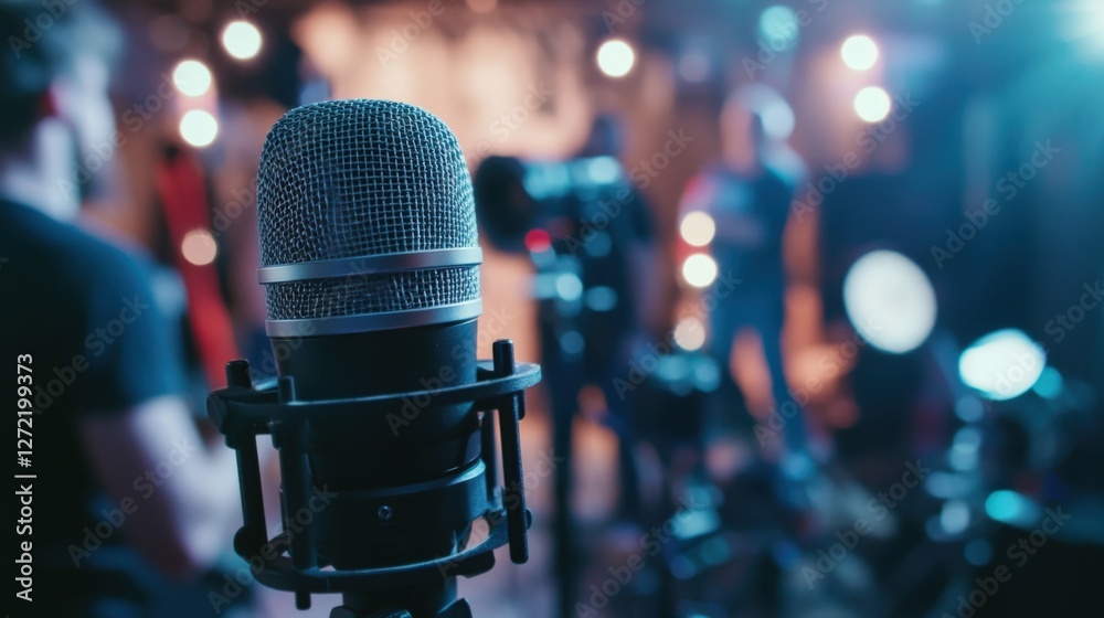 Professional studio microphone is recording audio on a film set, with blurred film crew and equipment in the background, capturing high quality sound for a movie or video production Professional studio microphone is recording audio on a film set, with blurred film crew and equipment in the background, capturing high quality sound for a movie or video production