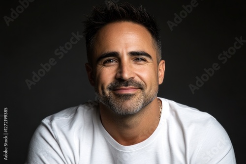 Portrait of a smiling man with short dark hair wearing a white shirt against a dark background